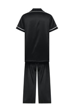 Biye Detaylı Siyah İpek Pijama Uzun Takım