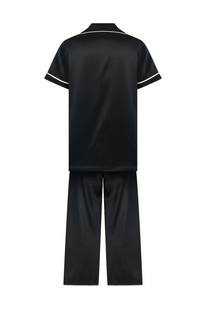 Biye Detaylı Siyah İpek Pijama Uzun Takım