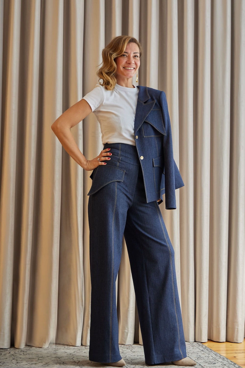 Hardal Rengi Dikiş Detaylı Jean Ceket - Pantolon Takım