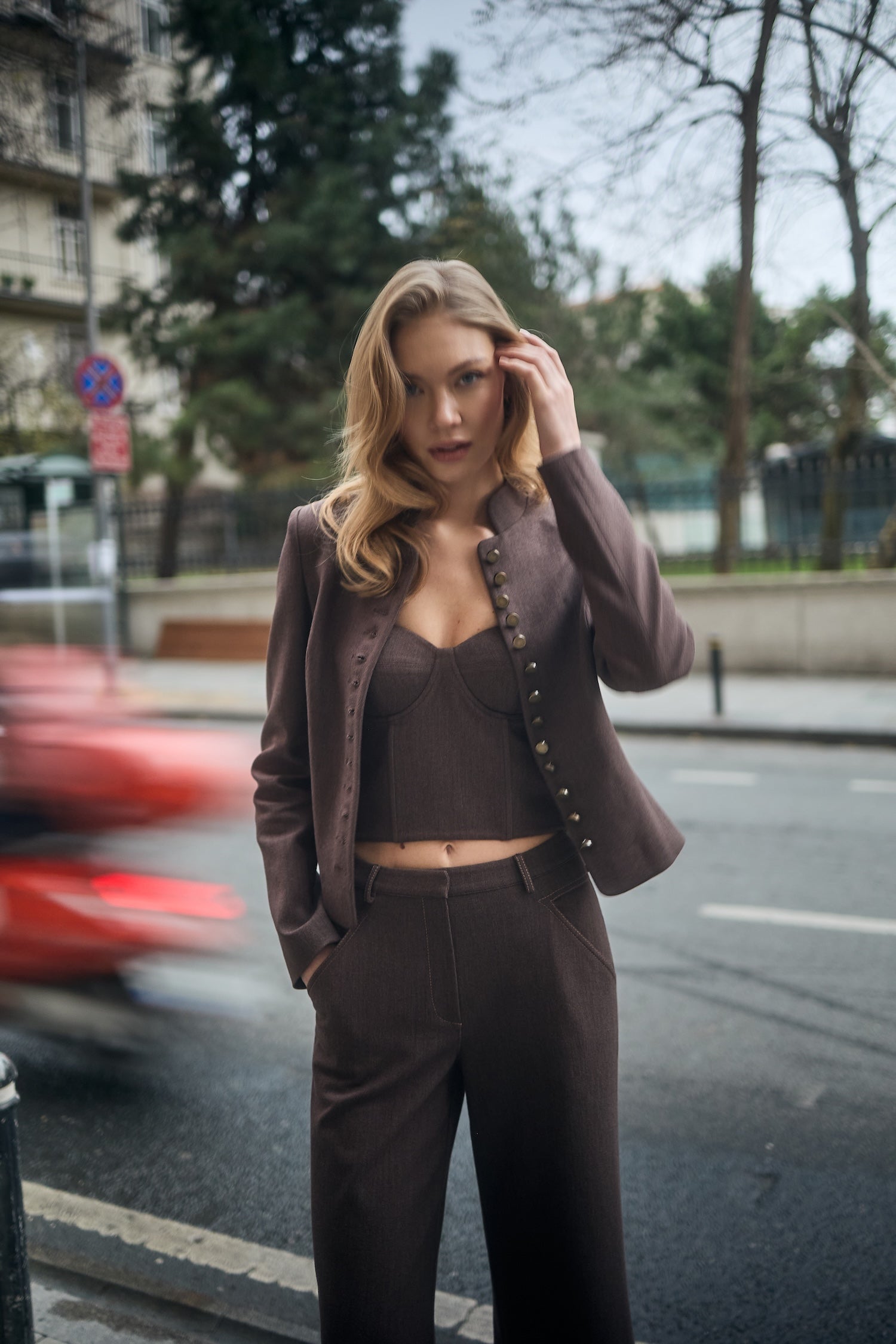 Ceket-Büstiyer-Pantolon  Kahverengi Jean Takım