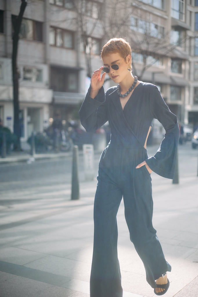 Asymmetric Cut Back Windowed Jean Overalls