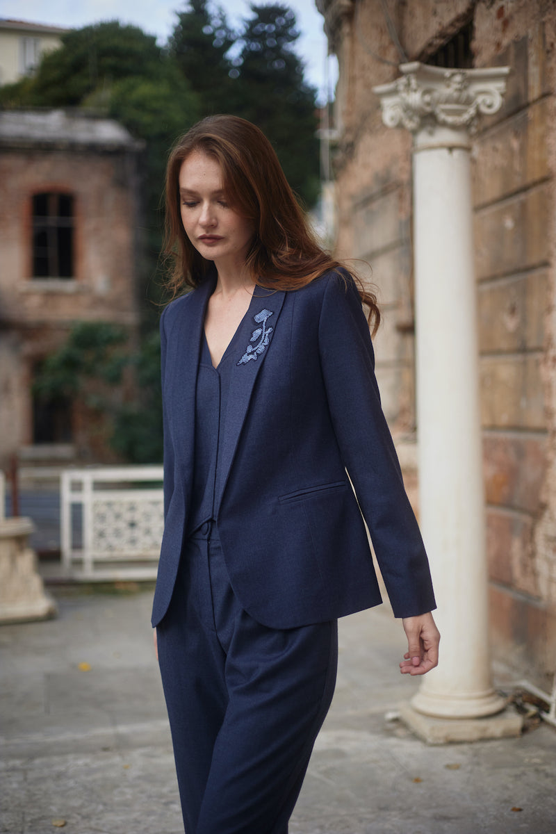 Navy Wool Shawl Collar Jacket - Vest - Trouser Set