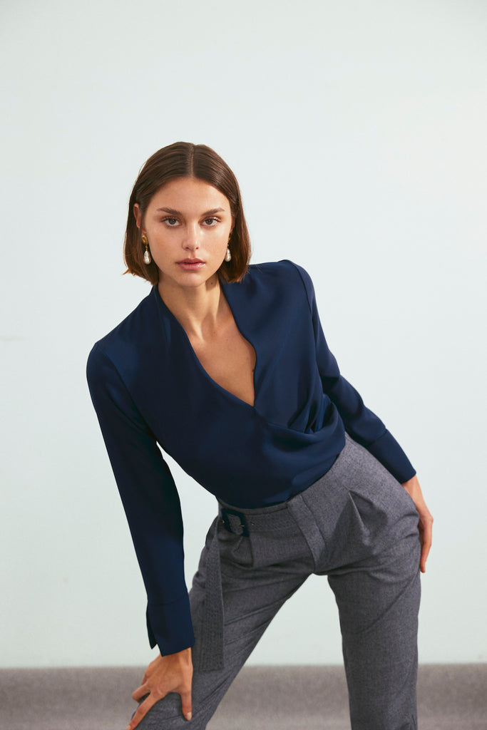 V Neck Pleated Navy Sports Blouse