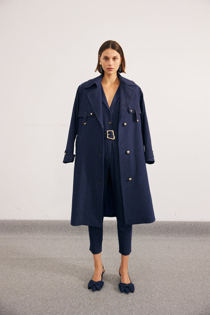 Navy Jean Coat with Button Detail and Navy Blue Lining