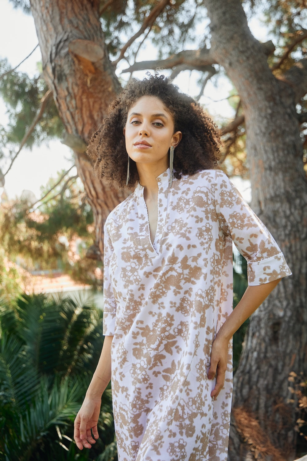 Hakim Yaka Kısa Cotton Kaftan Açık Kahve