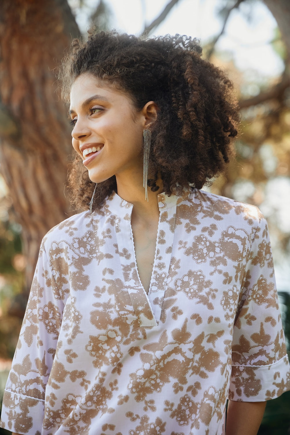 Hakim Yaka Kısa Cotton Kaftan Açık Kahve