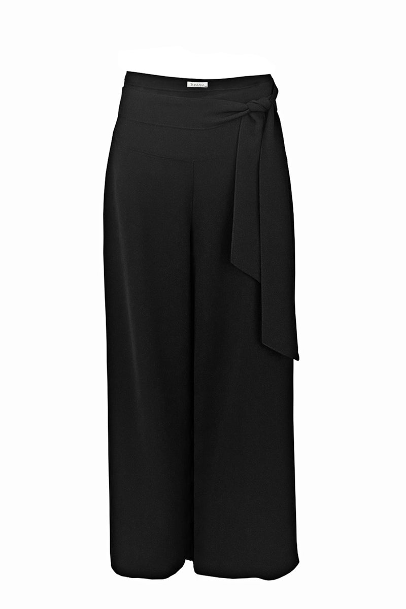 Black Crepe Wide Leg Trousers with Side Tie Detail