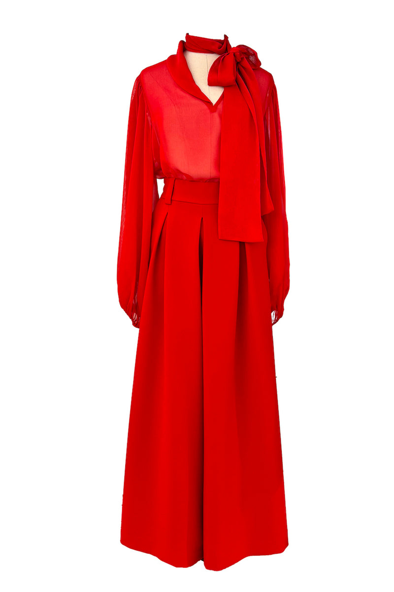 High Waist Thick Belt and Wide Pleated Detailed Red Crepe Trousers