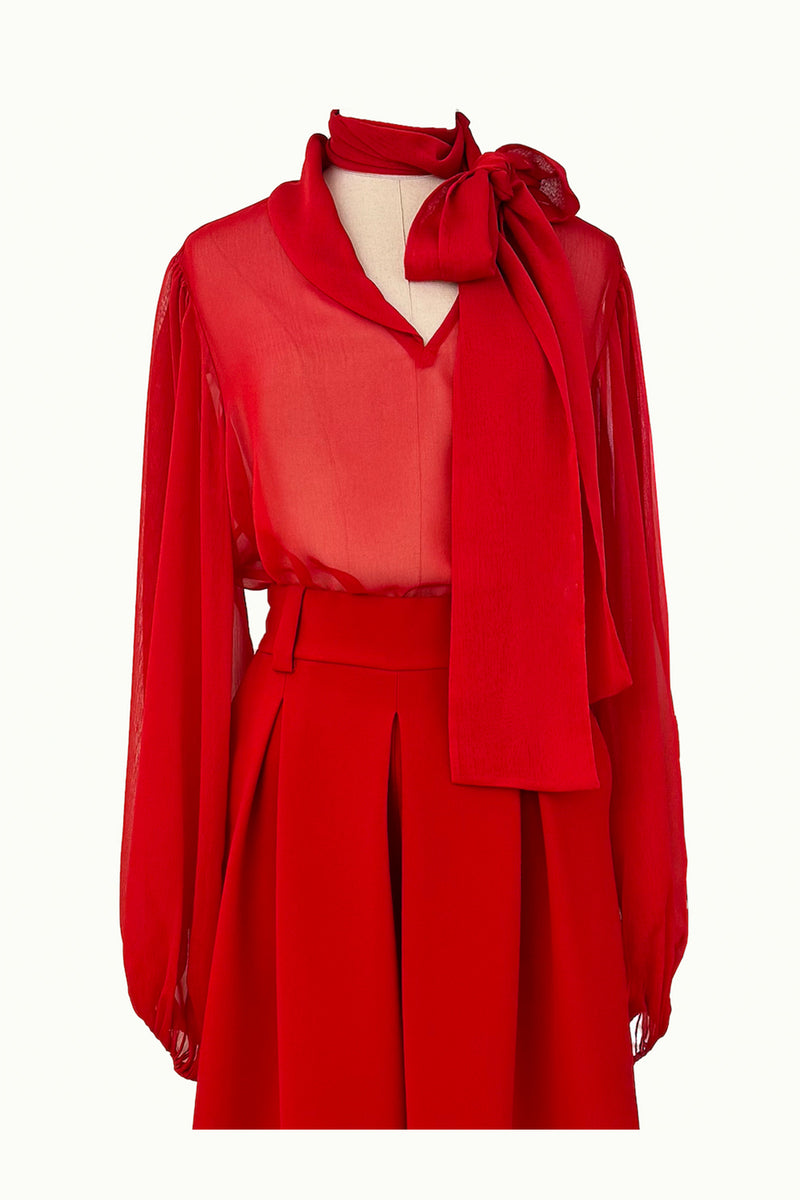 High Waist Thick Belt and Wide Pleated Detailed Red Crepe Trousers - Balloon Sleeve Tie Neck Red Tulle Shirt Blouse Set