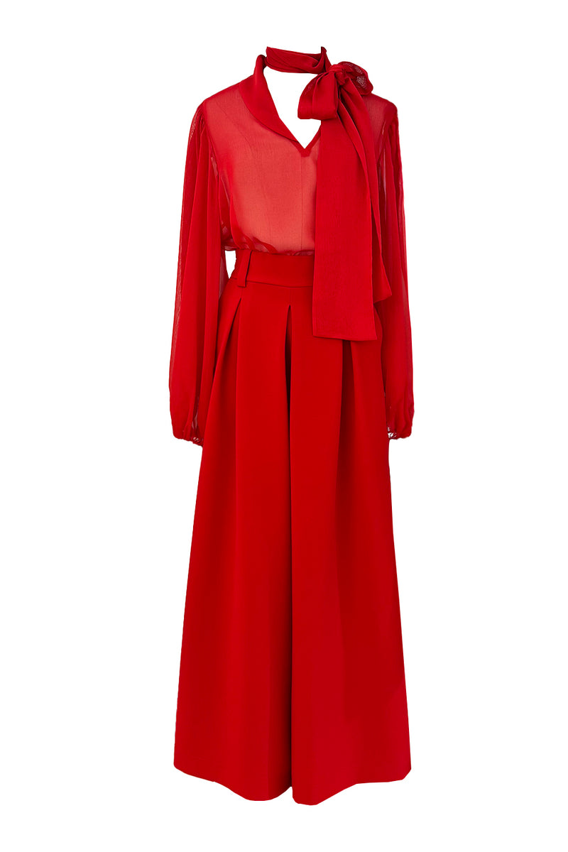 High Waist Thick Belt and Wide Pleated Detailed Red Crepe Trousers - Balloon Sleeve Tie Neck Red Tulle Shirt Blouse Set