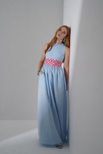 Blue Linen Dress with White Piping Detail