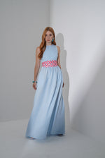 Blue Linen Dress with White Piping Detail