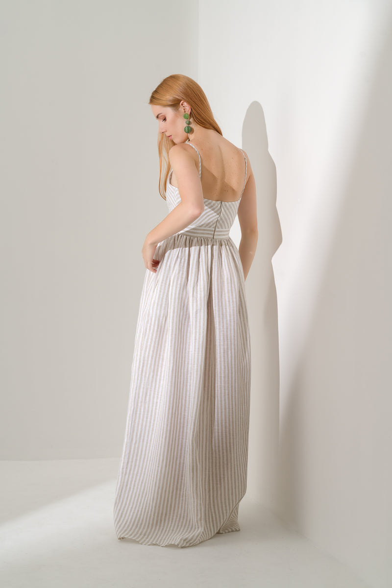 Ecru Striped Long Linen Dress