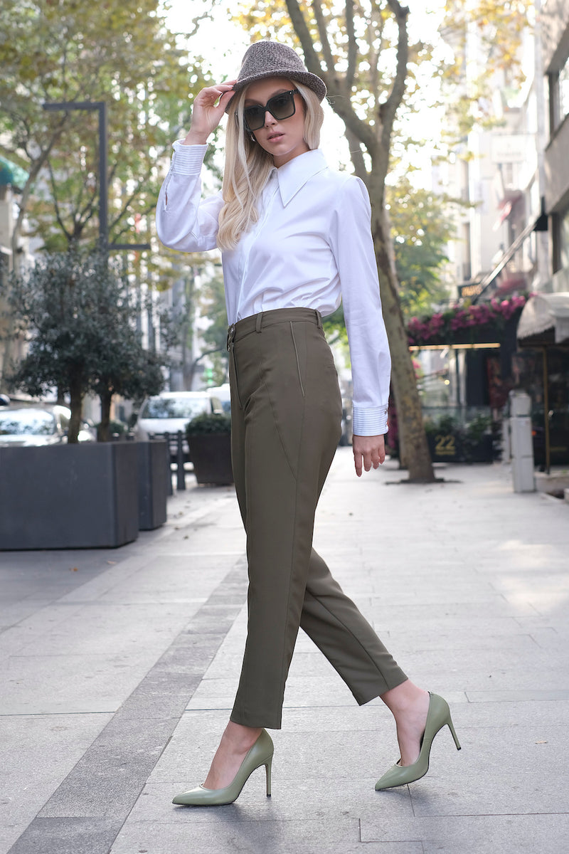 Biye Detaylı Soft-Touch Yeşil Krep Pantolon