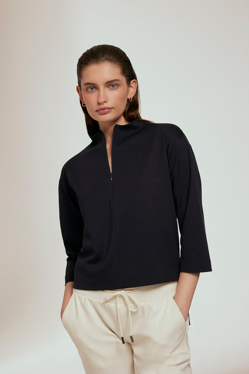 Fermuar Detaylı 3/4 Kol Lacivert Spor Üst Giyim