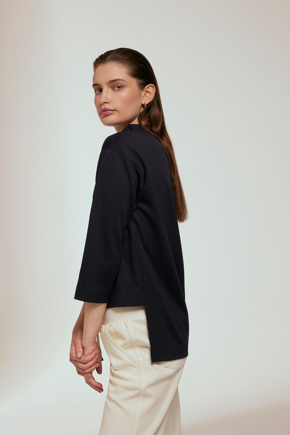 Fermuar Detaylı 3/4 Kol Lacivert Spor Üst Giyim