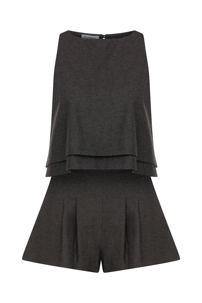 Anthracite Linen Pleated Detailed Shorts Blouse Set