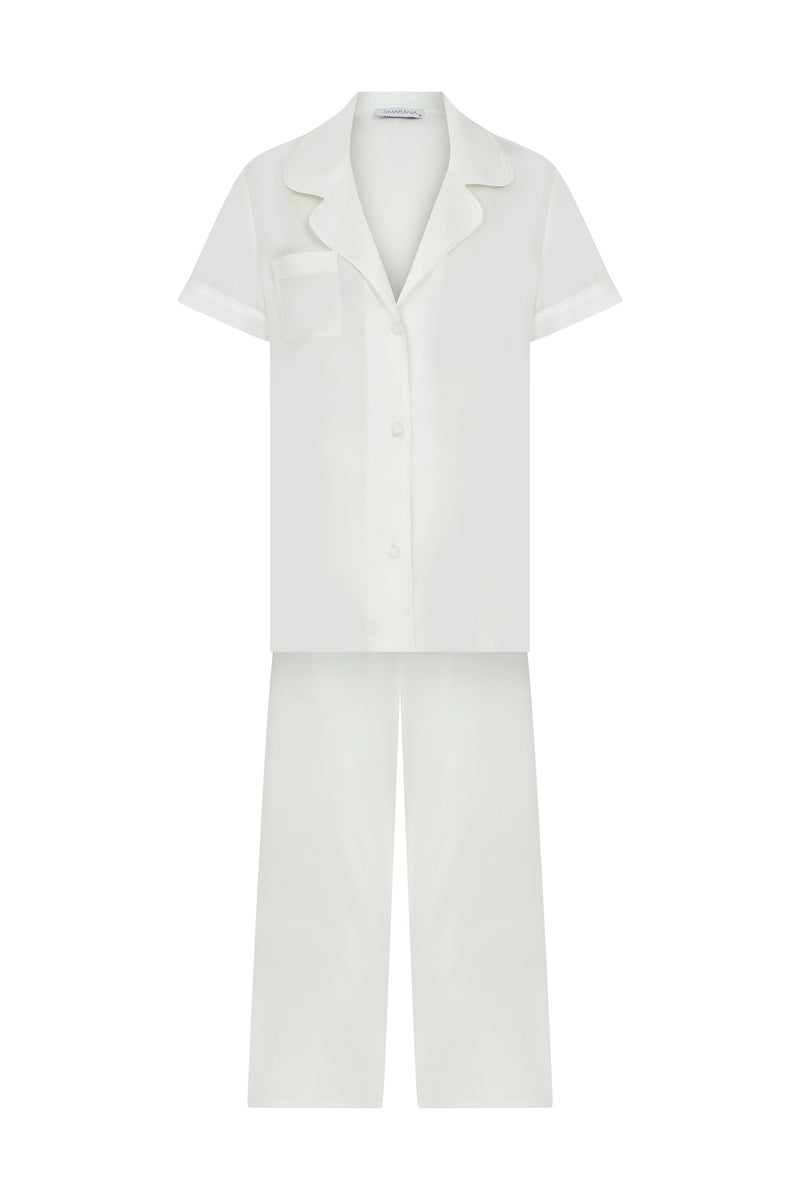 Beyaz İpek Pijama Uzun Takım