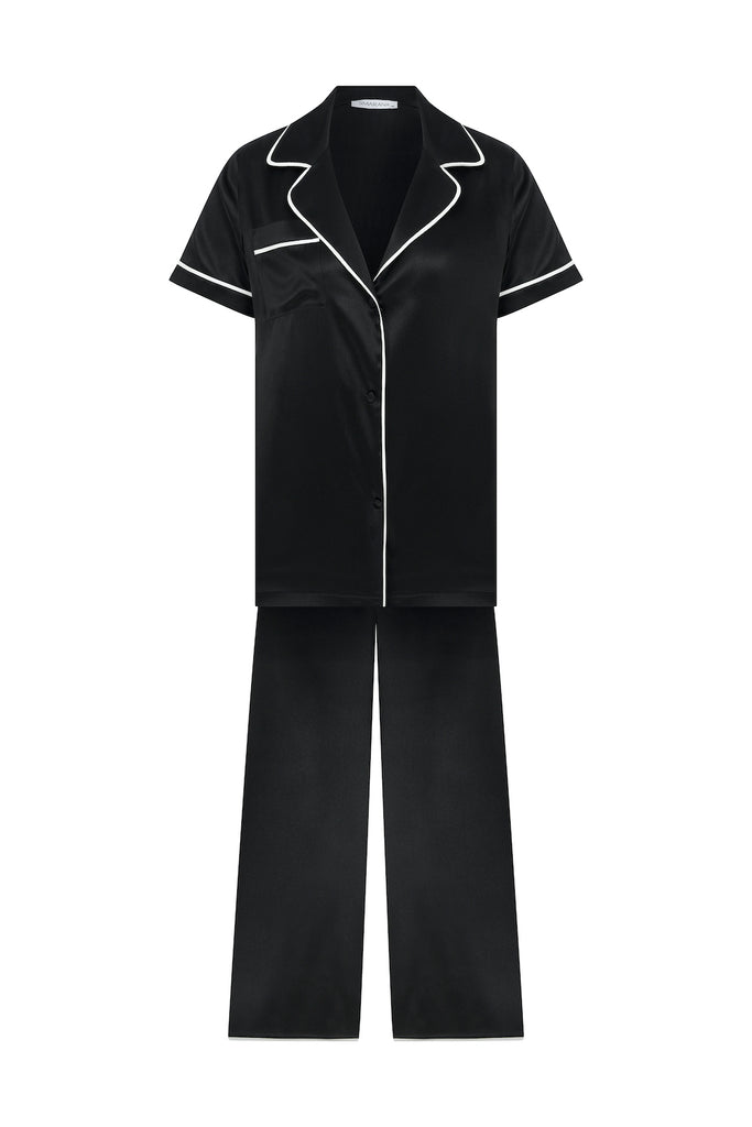 Black Silk Pajama Long Set with Piping Detail