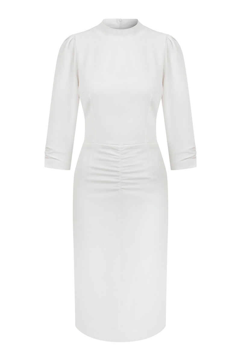 Bel Büzgü Detay Beyaz Midi Elbise